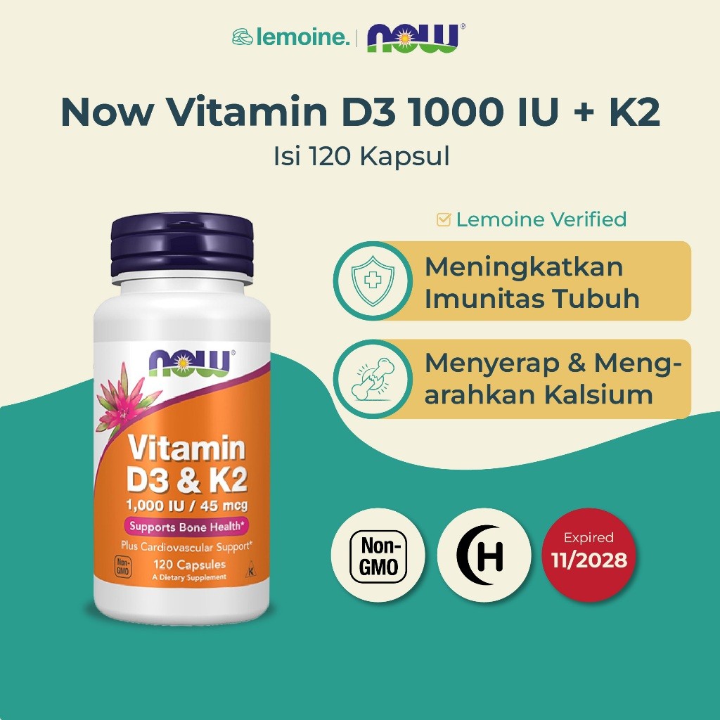 Now Vitamin D3 1000 dan K2 45mcg Vitamin D3 K2 Imunitas Tubuh Inflamasi Tulang dan Gigi 120 Kapsul