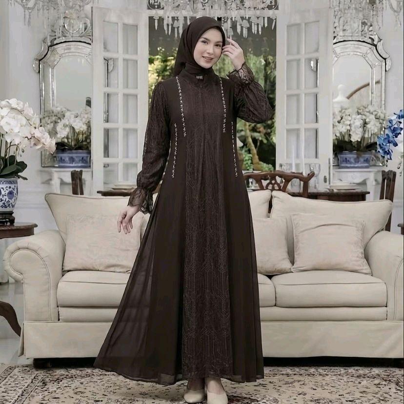 Ameera Luxury Dress Gamis Muslim Wanita Brukat Mix Tule Cantily Mewah dan Elegant Gamis Kondangan Dr