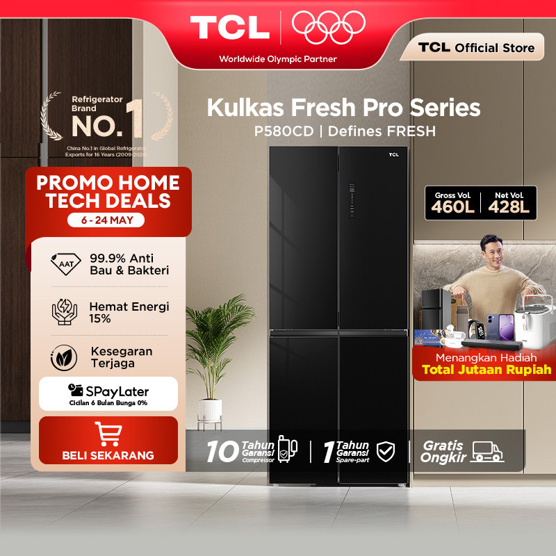 TCL Kulkas 4 Pintu - Kapasitas 460L - Bio Fresh - Wet and Dry Storage - Tanpa Bunga Es - Lemari Es -