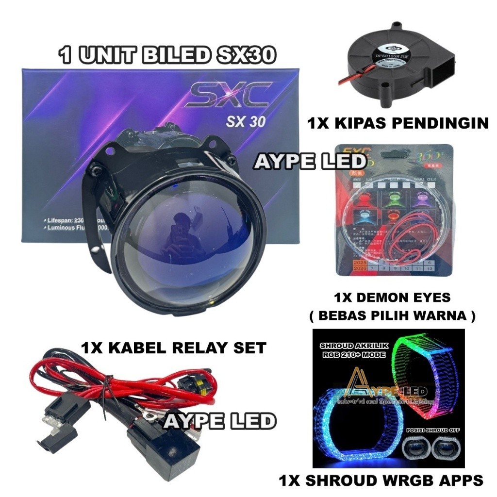 Biled Projector SX30 2,5 inch Bluelens 55 Watt Demon Eyes Kipas Pendingin Kembar Mkl Flat Cut off