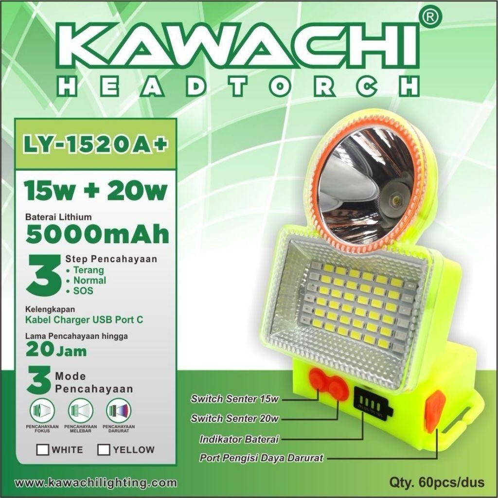 Kawachi Senter Kepala STROBO 15Watt + 20Watt / Led Super Terang / Waterproof LY 1520A+ / Powerbank 5