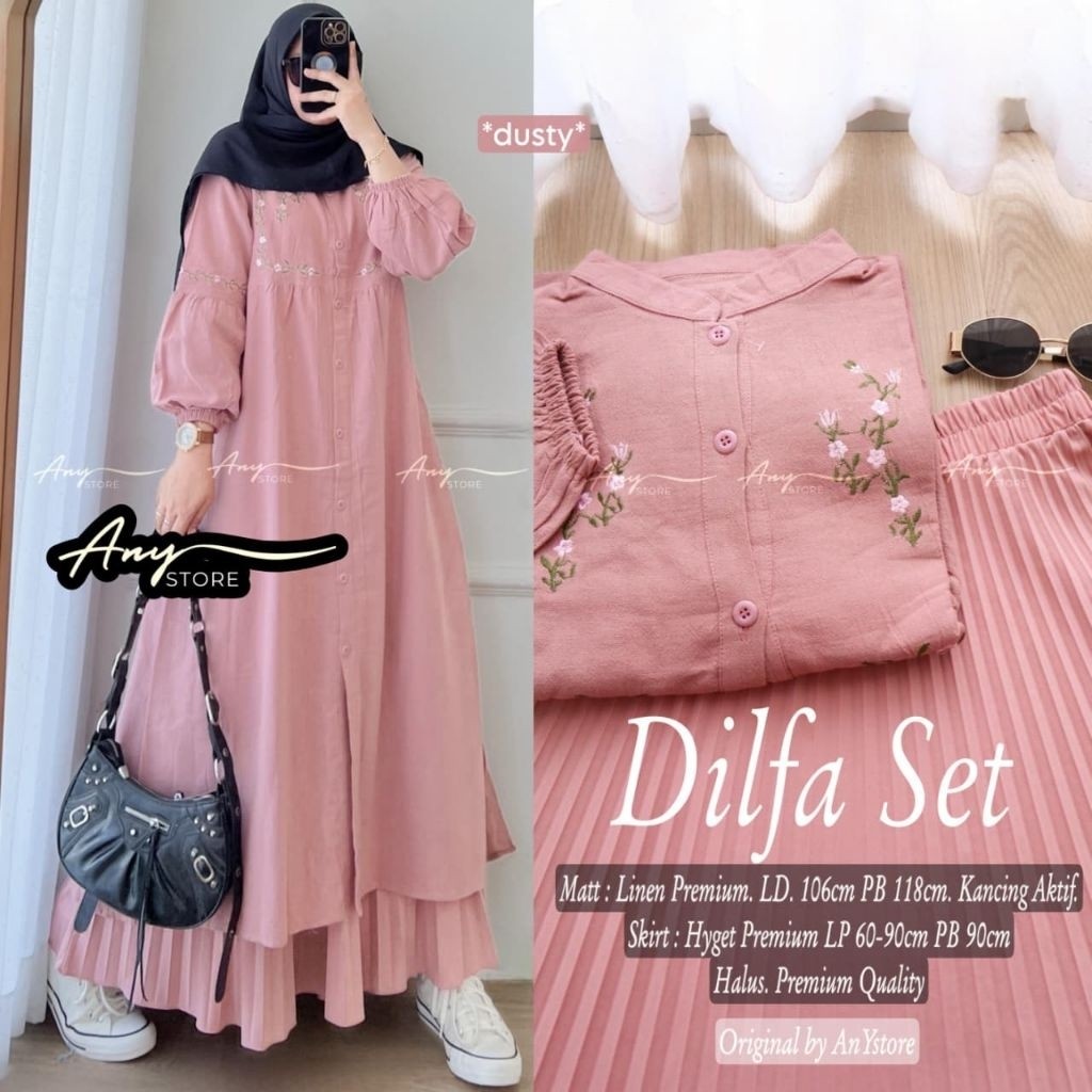 Dilfa Set By ANY Setelan Tunik Polos & Rok Plisket | Atasan Bawahan | One Set Malay Bordir | Tunik P