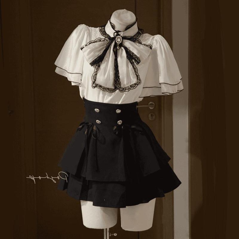 Blus sifon lengan lonceng bergaya Jepang dan rok setengah yang ramping, satu set dua potong.