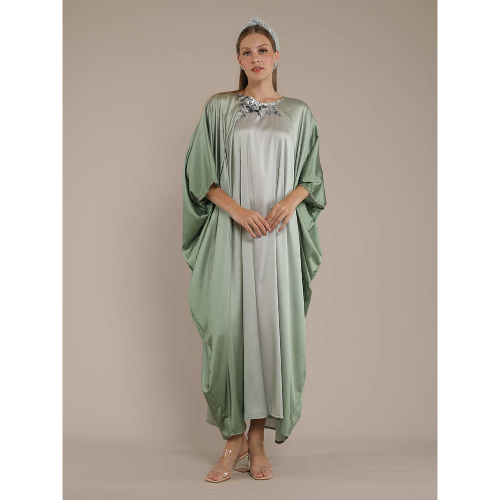 Personal Style Kaftan Maxi Dress Satin Wanita Butterfly Ombre Green Gradasi