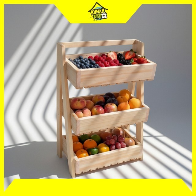 Rak Display Buah Sayur Kayu 2 & 3 Susun - Tempat Bumbu Dapur Kayu Minimalis