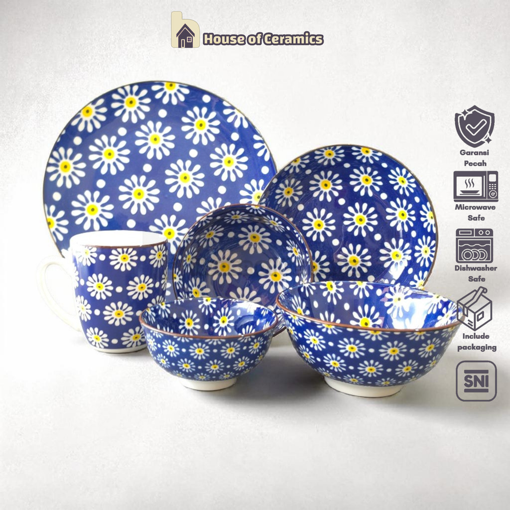 NAKAMI Piring Mangkok Keramik Biru Bunga Lucu Aesthetic Cantik