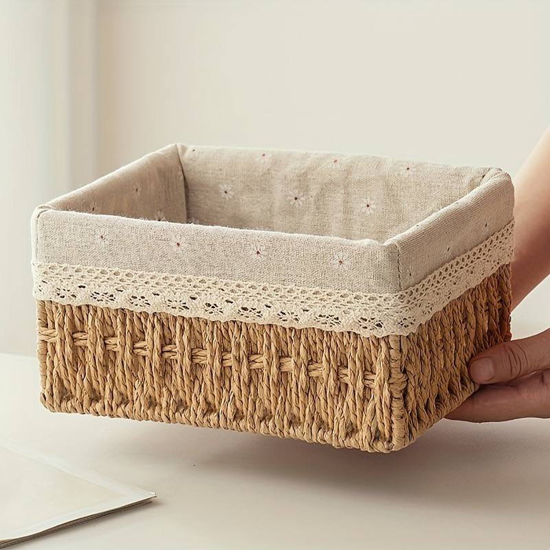 1pc Handmade Rattan Storage Basket, Desktop Rattan Storage Basket With Removable Lace Lining, Suitab