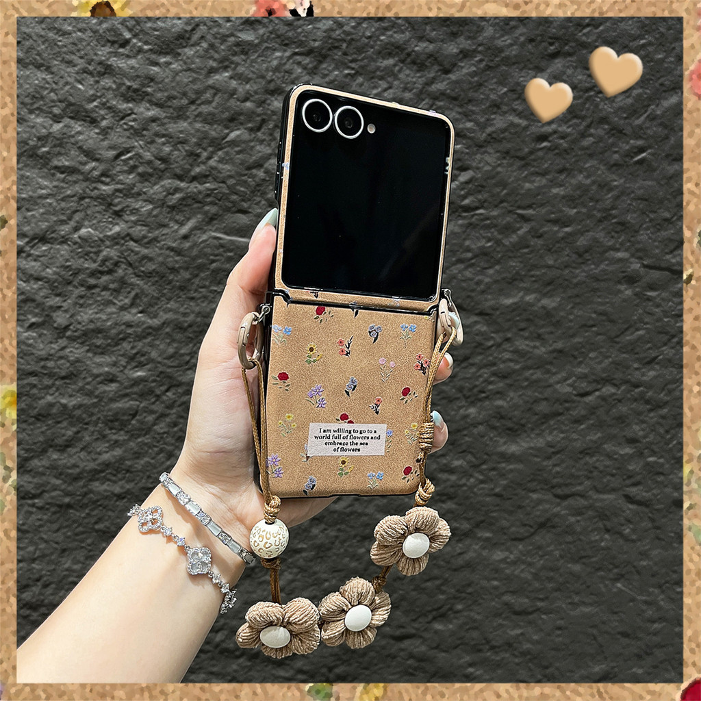 Casing Ponsel Motif Bunga Korea dengan Tali Bunga untuk Samsung Galaxy ZFlip7 Z Flip6 Flip7 ZFlip 5