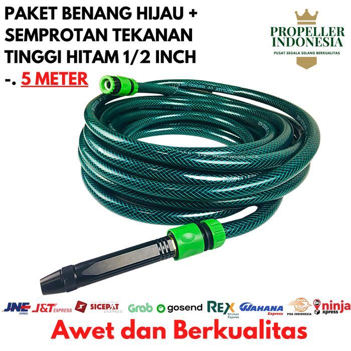Selang Air 1/2 Inch Benang Hijau Paket Semprotan Air Cuci Motor Hitam - 5 Meter