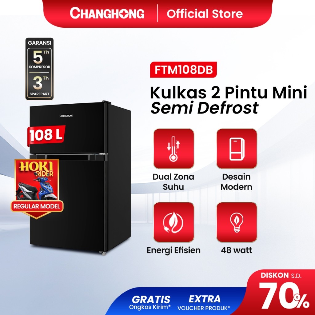SO New Changhong Kulkas 2 pintu Mini (Refrigerator) Lemari Es Kapasitas 108 Liter – Black FTM108DB (