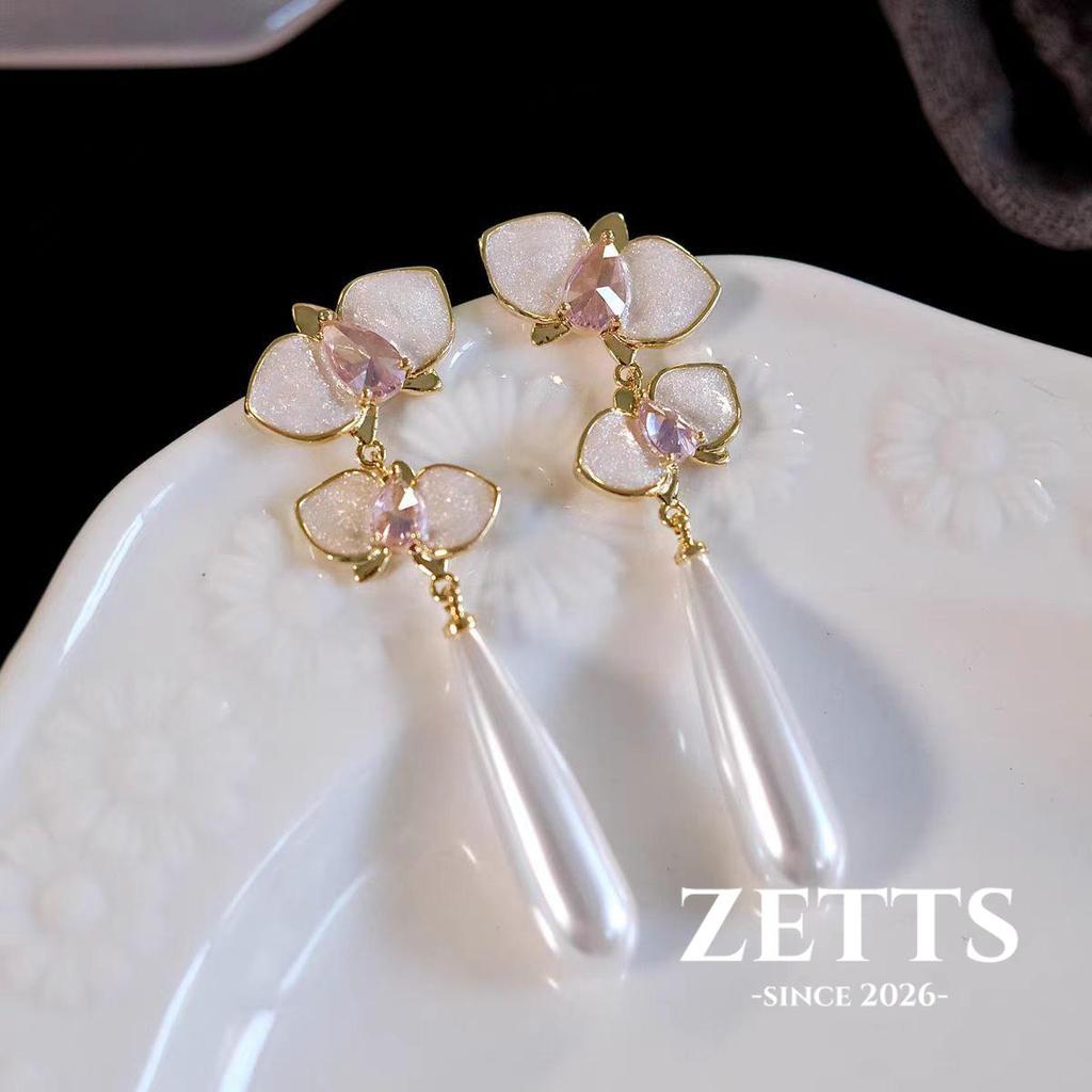 [Zetts] anting model kelopak bunga enamel tetesan panjang mutiara bentuk tetesan air jarum perak ema