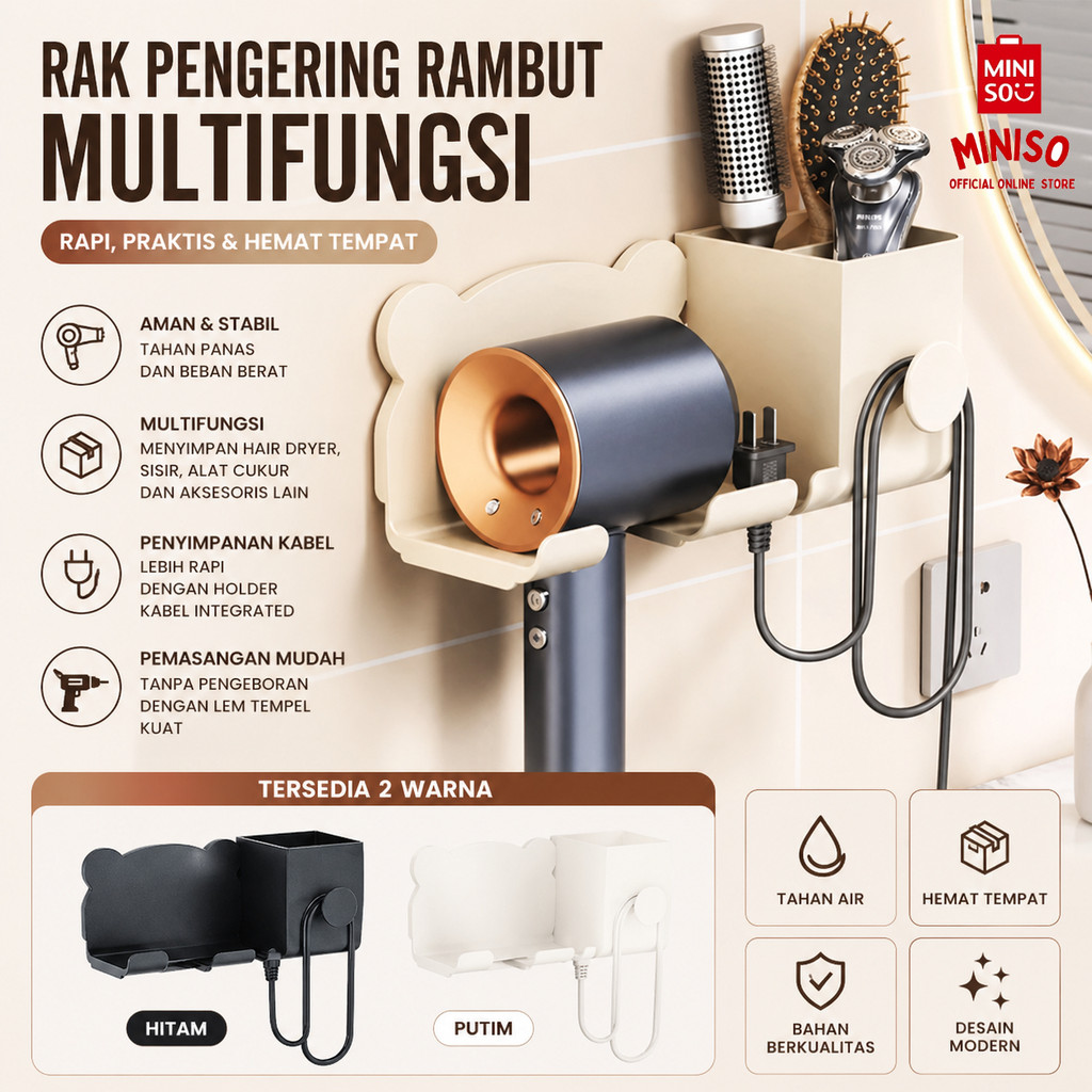 MINISO BALI | Hair Dryer Holder Rak Gantung Hair Dryer Blower Rak Pengering Rambut Rak Tempel Dindin