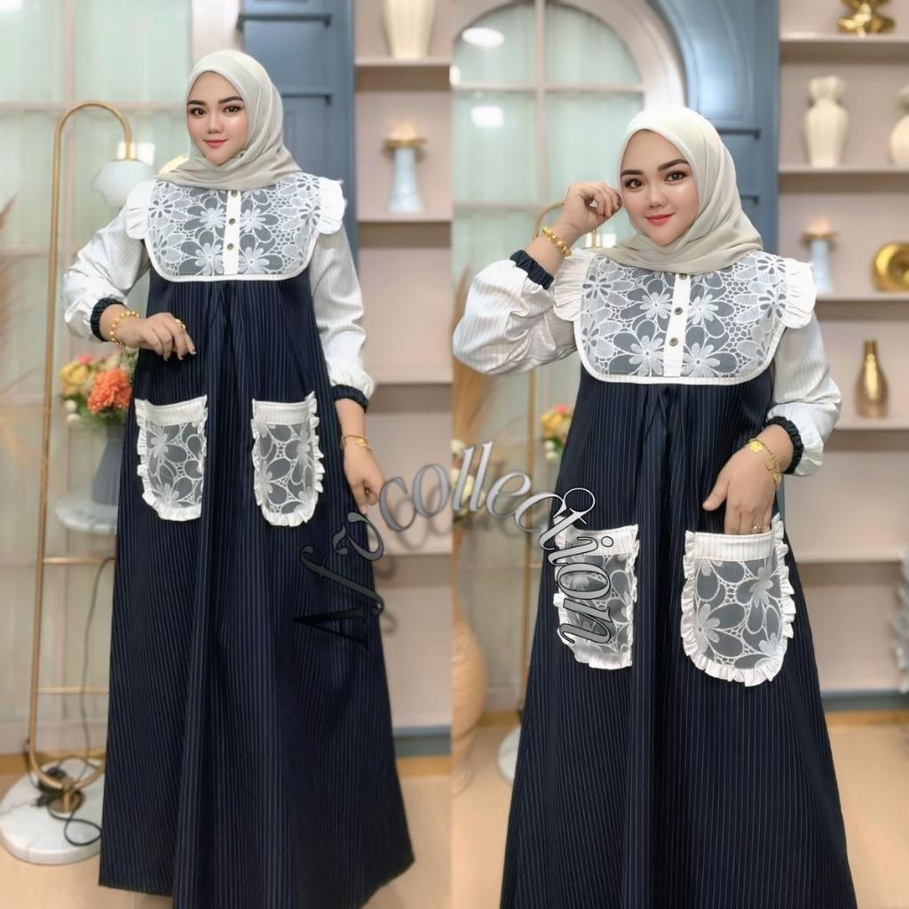 BIG SALE AFV.CO Marsya Navy Gamis Dada Brukat Bordir Katun Premium