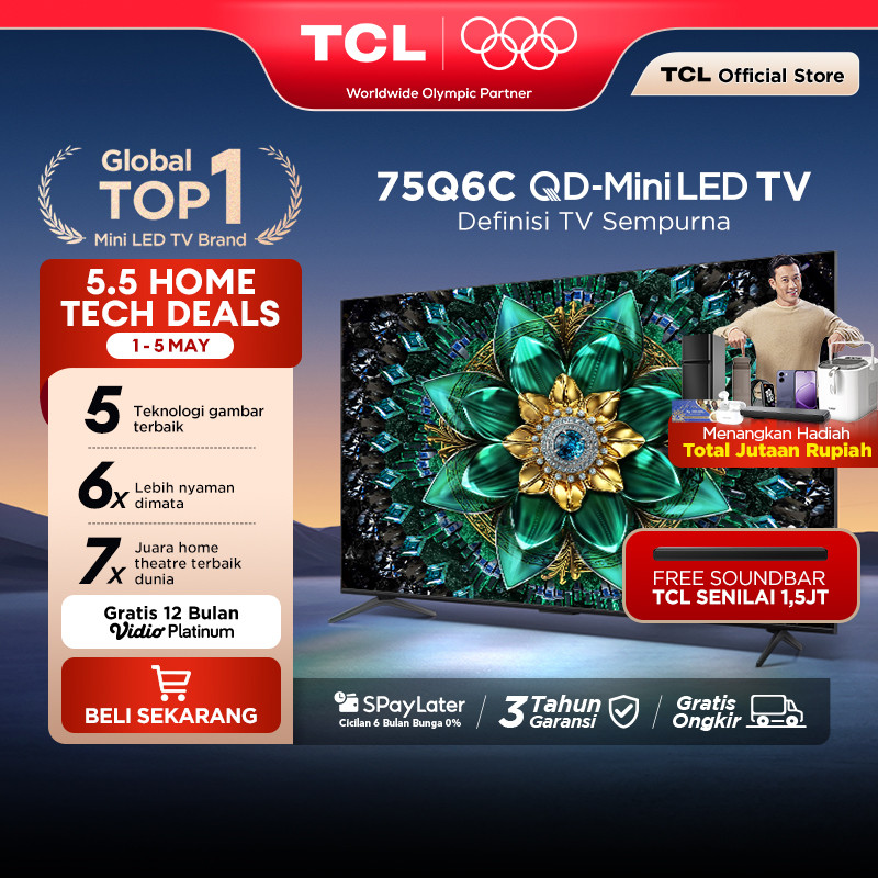 TCL 75 Inch QD-Mini LED TV Q6C - AiPQ Pro Processor - 6in1 Healthy Eye care - 144Hz - Smart Android 