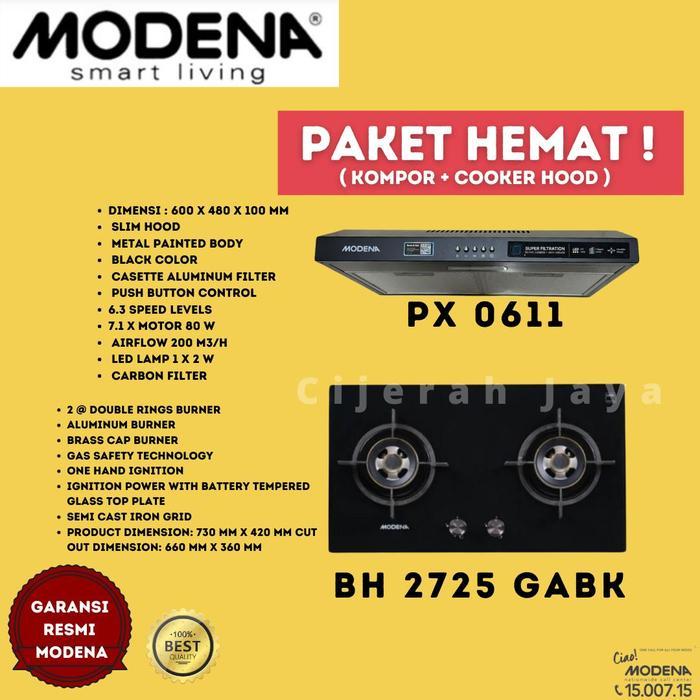 MODENA PAKET KOMPOR TANAM 2 TUNGKU BH 0725 + SLIM HOOD PX 6001 - 2725GABK+PX6001, INSTAN BANDUNG