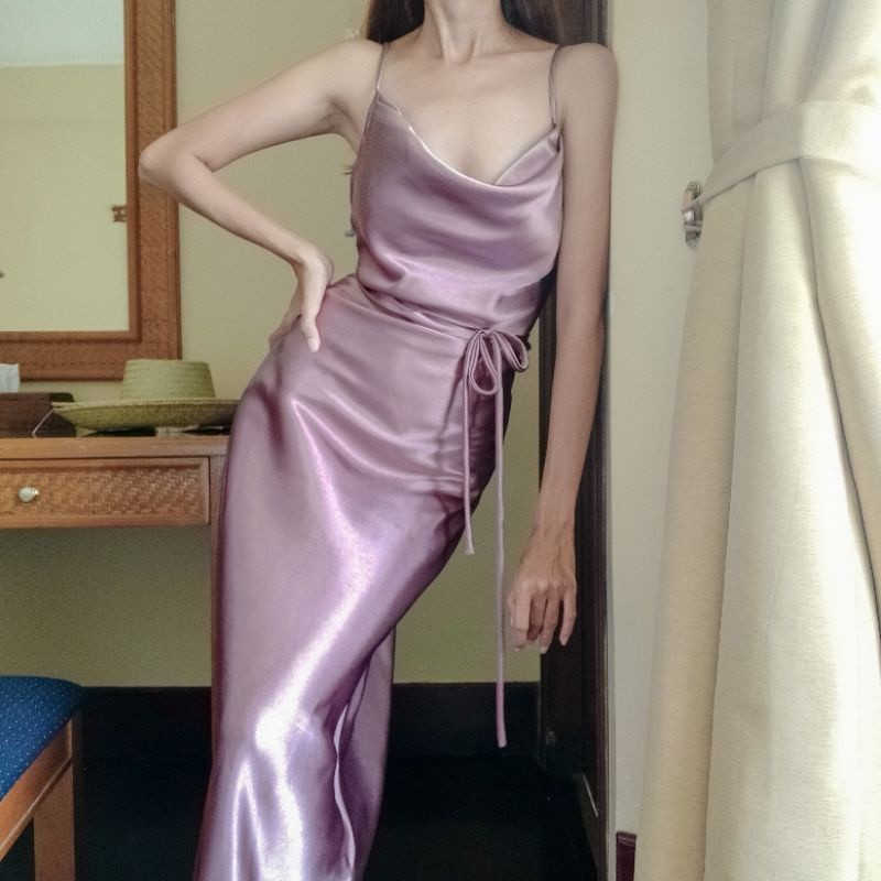 F080 SILK DRESS  KOREA STYLE Silk VINTAGE DRESS BRIDESMAID BODYCON SEXY