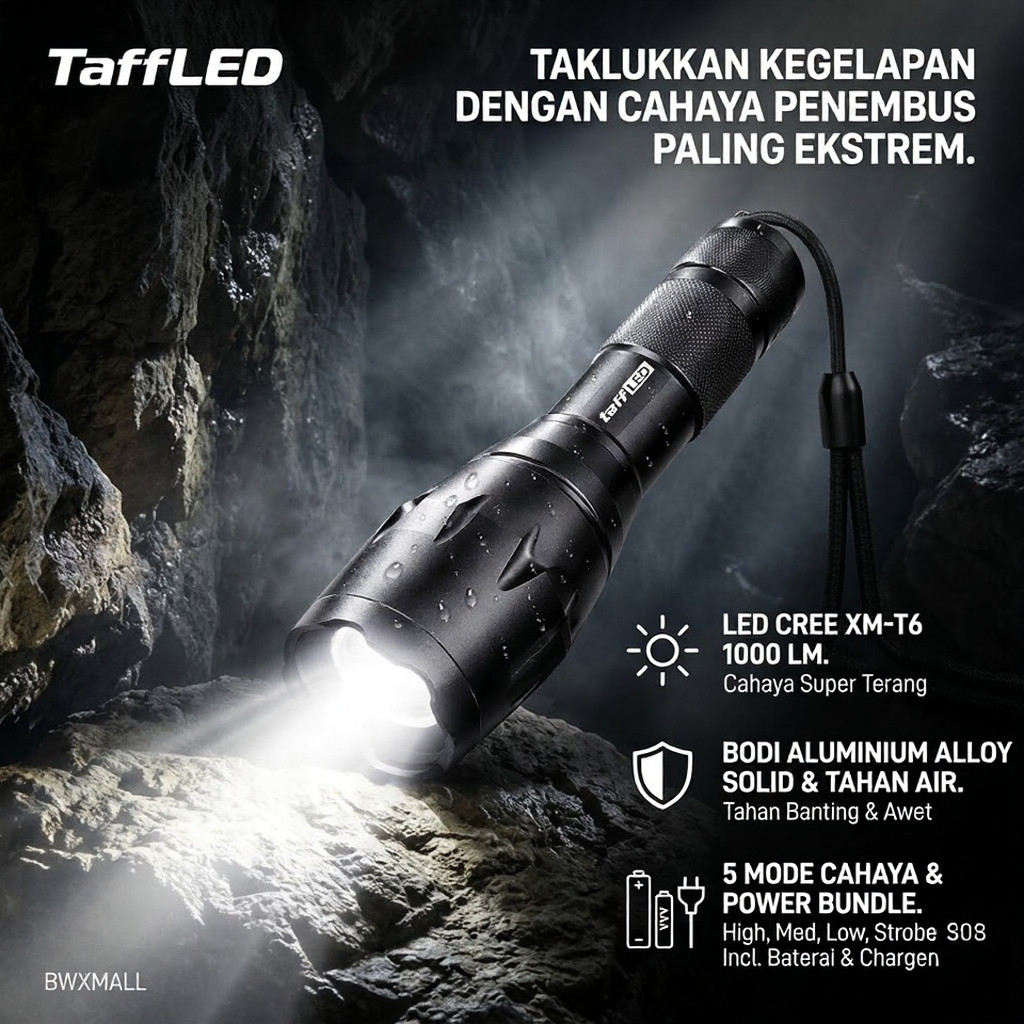 Senter Jarak Jauh Super Terang TaffLED E17 LED Cree XM T6 1000 Lumens Lampu Darurat Mati Lampu Emerg
