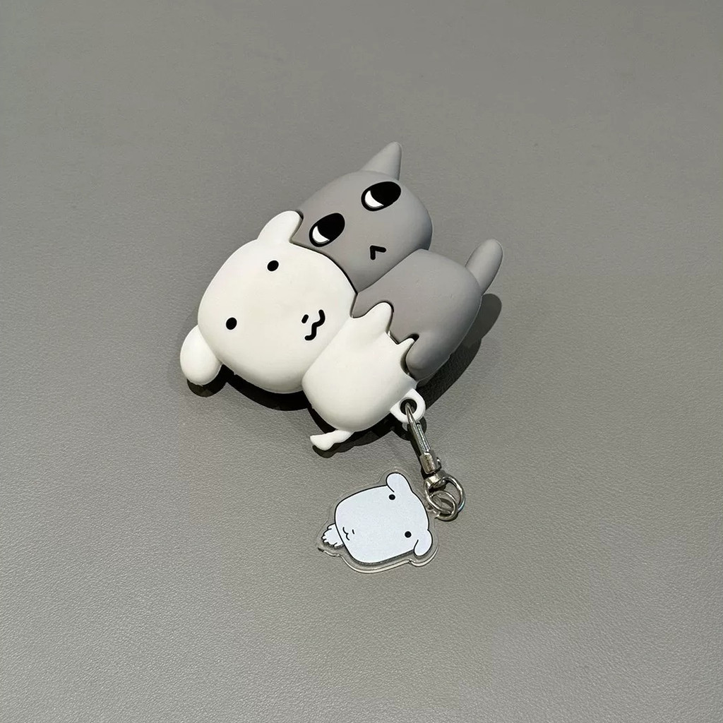 Casing earphone Huawei FreeClip 2, desain anak anjing ganadi lucu dan kucing abu-abu, bahan silikon 