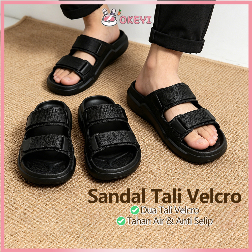 OKEYI Sandal Selop Pria Sandal Cowok Ban dua Sandal Hitam Tahan Air