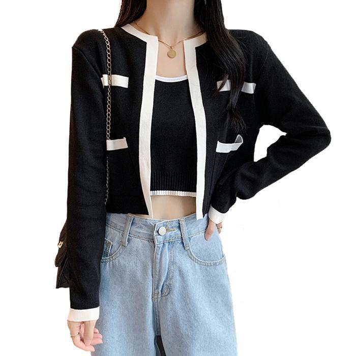 CARDIGAN TANK TOP SET 2 PCS Knit WANITA Baju Hitam Putih Kombinasi Atasan Basic Setelan Outer Tankto