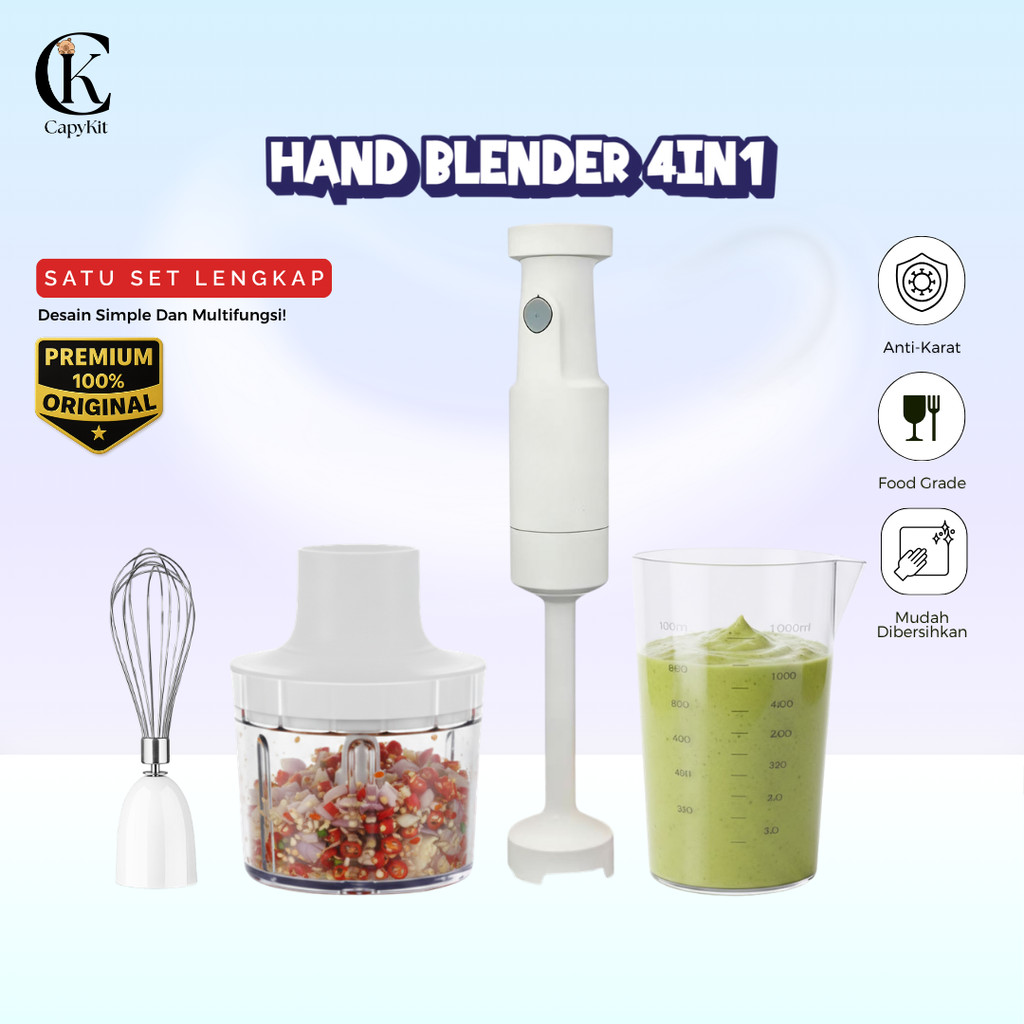 CapyKit Hand Blender 4in1 Elektrik 220W Tenaga Kuat, Blender Tangan Multifungsi untuk Menghaluskan, 