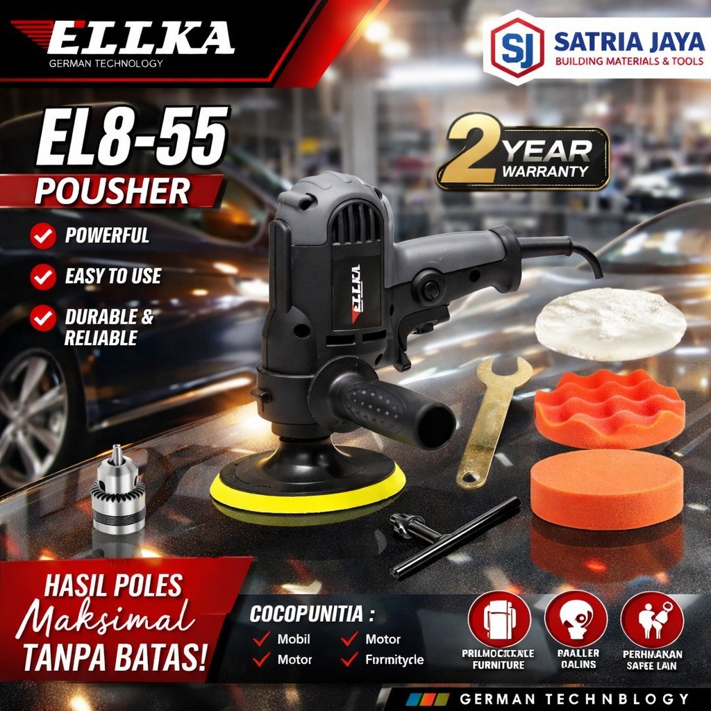 ELLKA 600W Mesin Poles 2 in 1 Bisa Jadi Mesin Bor 10mm Mobil Polisher Mobil Perbaikan Ubin Motor Car