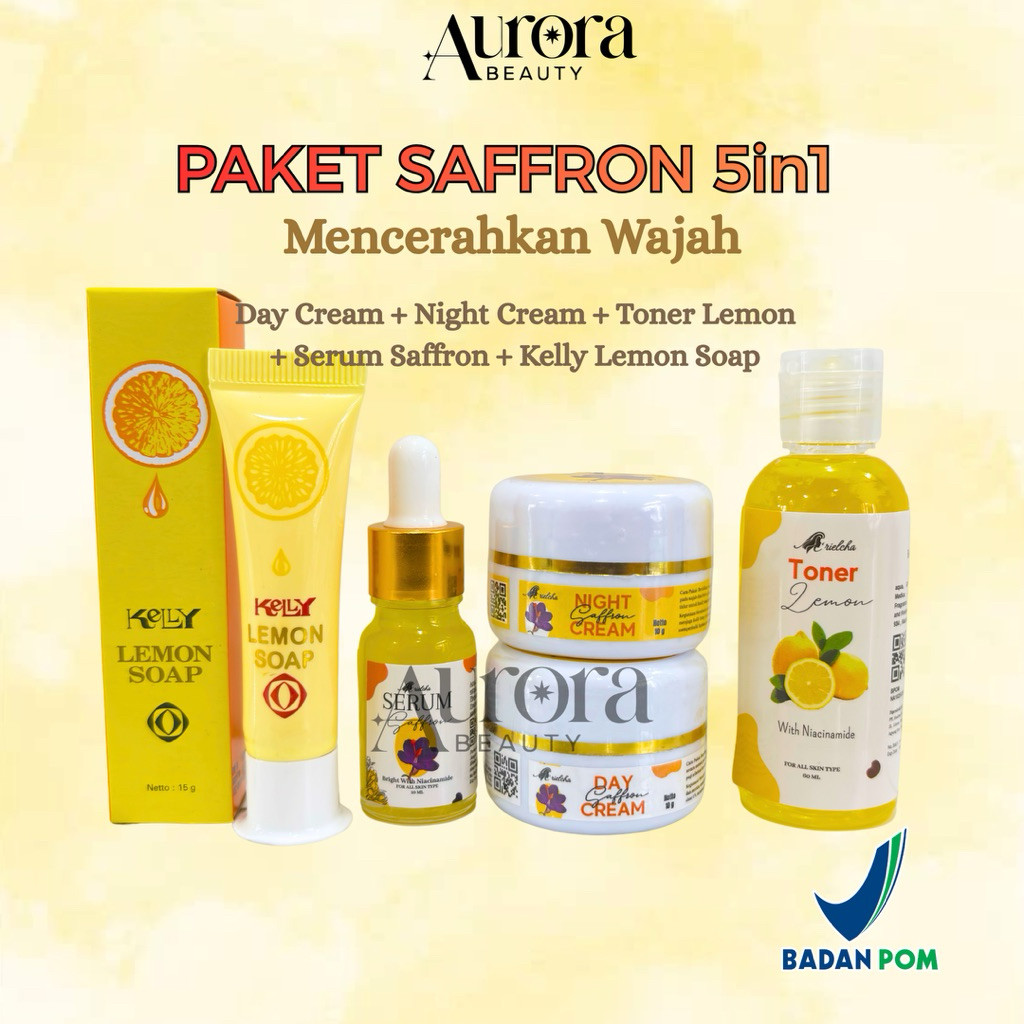 Bentala - Paket Saffron 5in1 Day Cream + Night Cream + Serum Saffron + Toner Lemon + Kelly Lemon Soa
