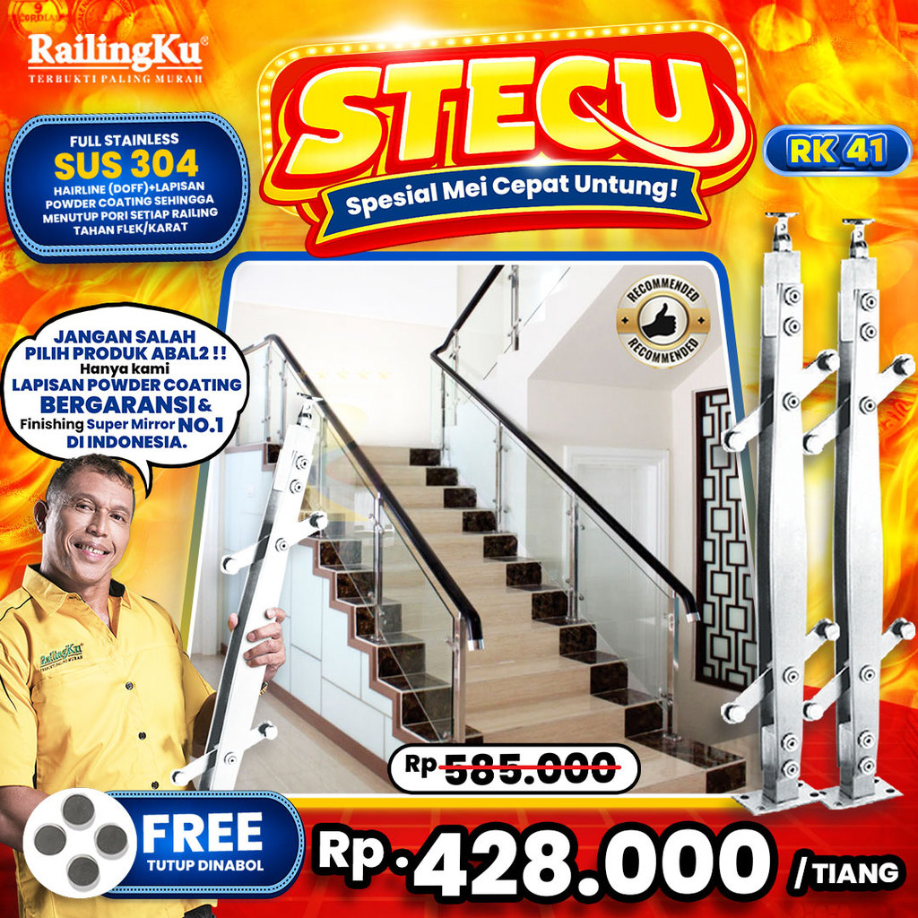 Railing Tangga Stainless Plate Minimalis Railingku [STECU] RK 41 Railing Anti Karat Free Penutup Dyn