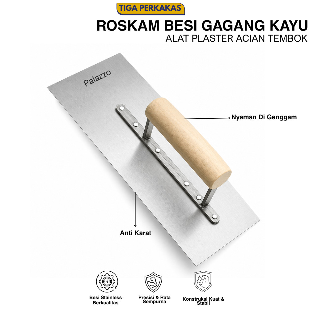 Tiga Perkakas Laskam Raskam Roskam Besi Gagang Kayu Plat Gosokan Sendok Semen Besi Acian Plaster Pen