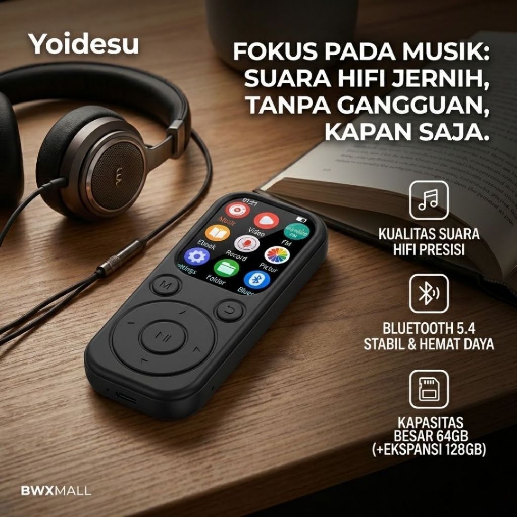 Yoidesu SD-08 MP3 MP4 Digital Audio Player DAP HiFi Sound Bluetooth 5.4 Koneksi Stabil Layar IPS 2 I