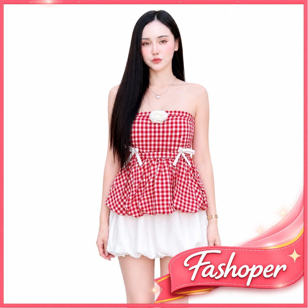 Fashoper Setelan Rok Pendek Wanita Sexy Chic Strapless Kotak Merah Mini Skirt Set Korea Elegant Summ