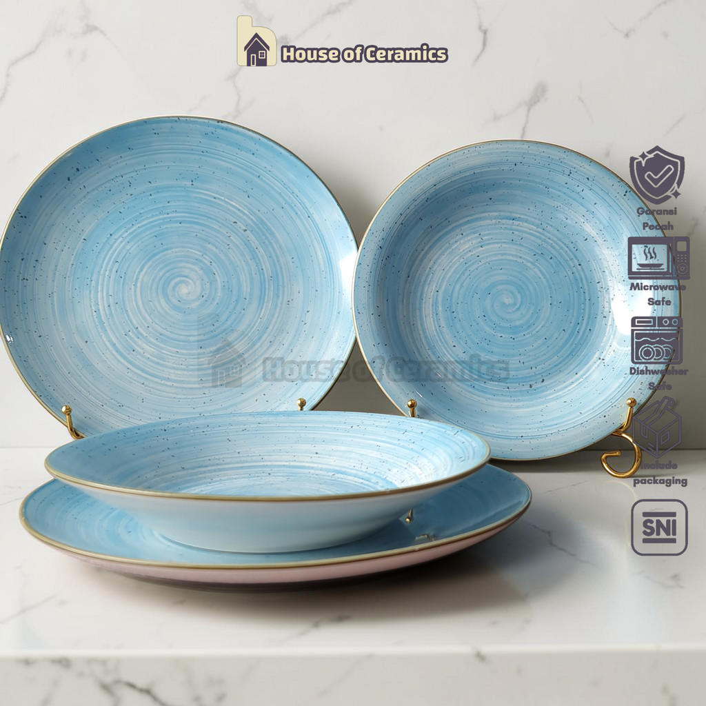 FORMIA Piring Mangkok Keramik Nara Blue Cantik Aesthetic Bermotif Simple