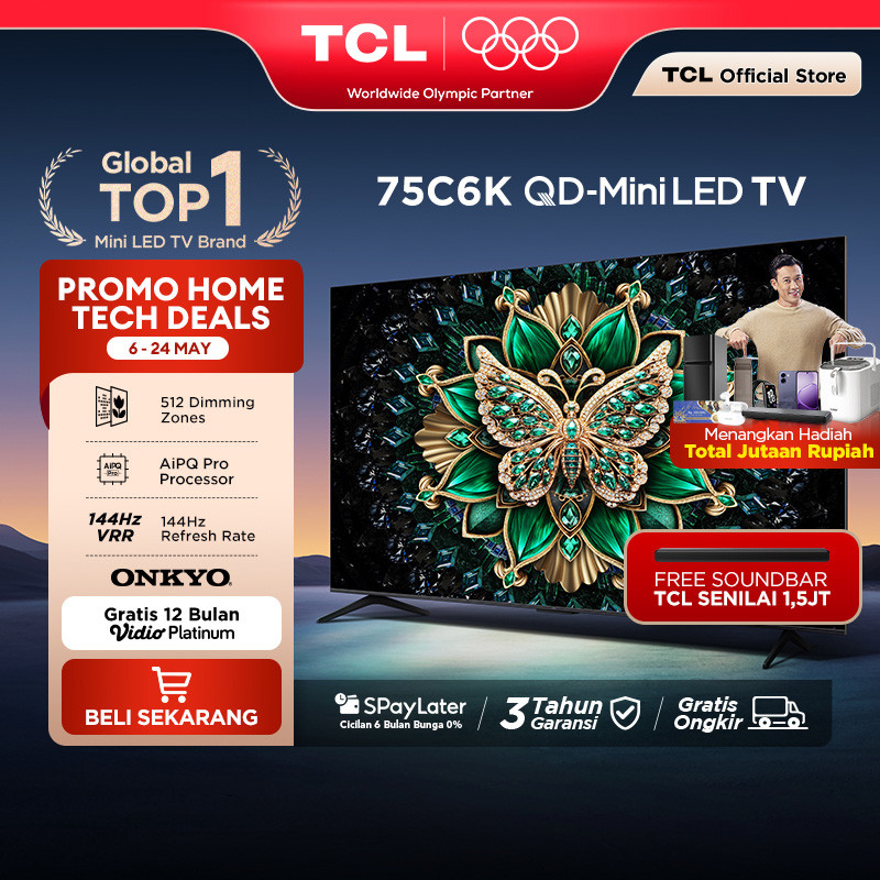 TCL 75 Inch QD-Mini LED C6K - Halo Terminator - Onkyo 2.1 - 144Hz - HVA Panel - Energy Saving (Model