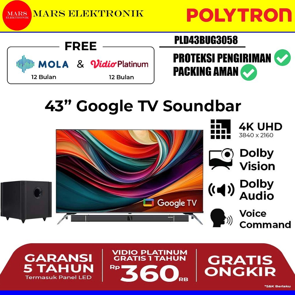 SMART TV POLYTRON GOOGLE TV 4K UHD PLD43BUG3058 / PLD43BUG 3058 - 43 INCHI - SMART TV POLYTRON 4K UH