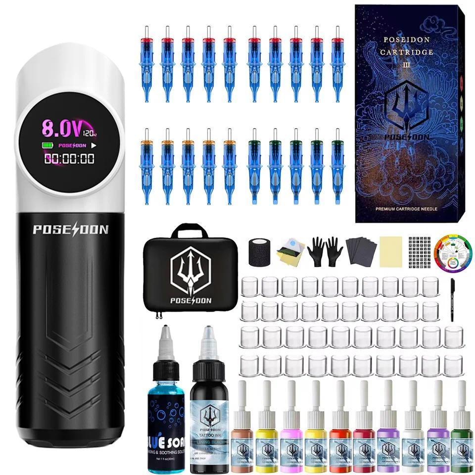 Kit Tato POSEIDON Panda, Kit Pena Tato untuk Riasan Permanen, Kit Mesin Tato, Catu Daya Tato Nirkabe