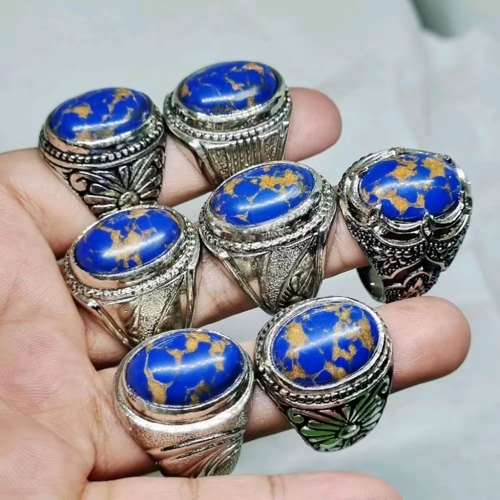 Batu cincin blue mizone serat emas batu akik pria terlaris Ring