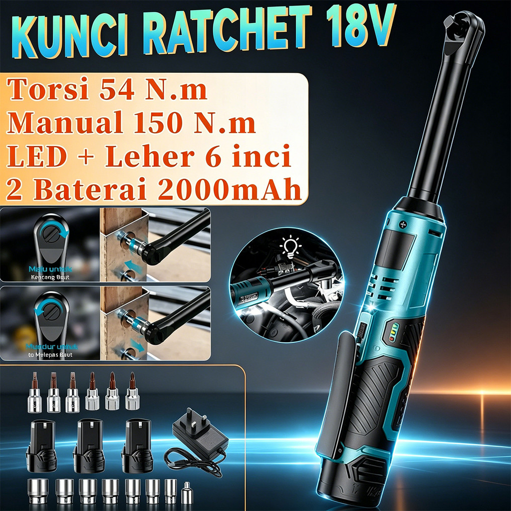 Kunci Pas Ratchet Elektrik Cordless Brushless Ratchet Wrench 3/8 Kunci Angin Ratchet Quick Release W