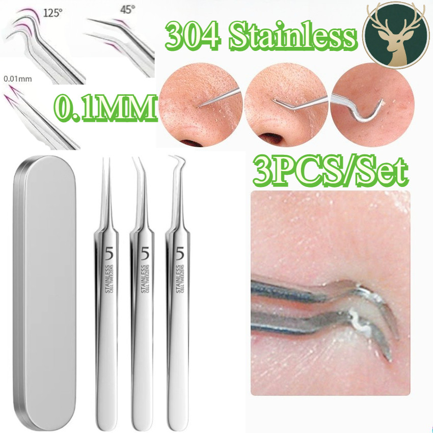 3Pcs/Set 304 Stainless Pinset Bengkok Alat Penjepit Komedo/ Lurus Pinset Klip / Pinset Kontrol Jeraw
