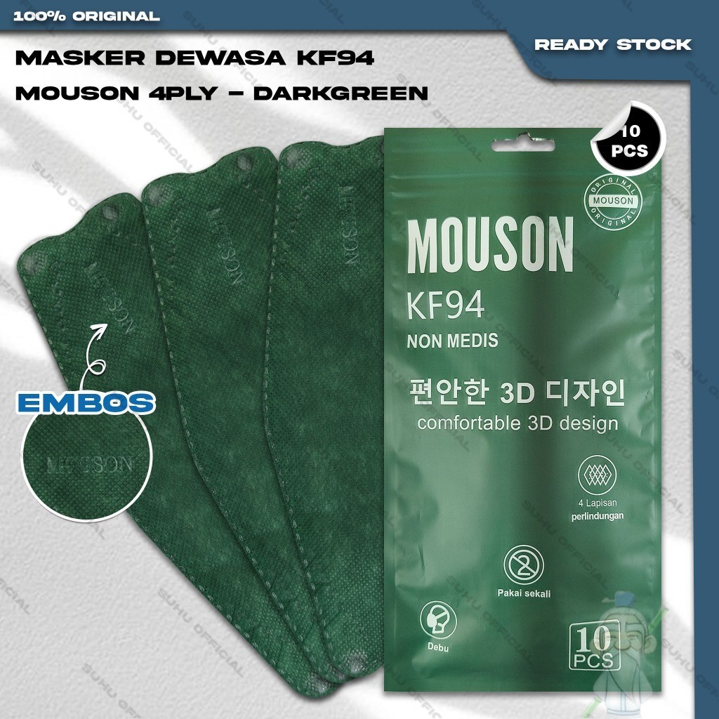 Masker KF94 MOUSON 4Ply Isi 10Pcs Warna Dark Green Hijau Tua Earloop KF94 4 Ply Surgical Mask