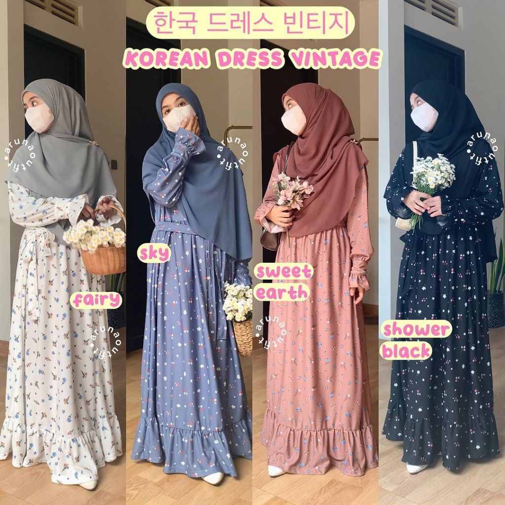 Korean Dress Vintage Set Gamis Hijab By Aruna Outfit