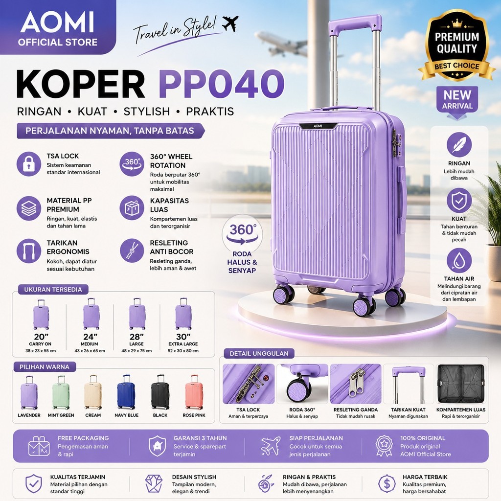 Koper PP Premium 20 Inch – Ukuran Kabin, Ringan & Minimalis