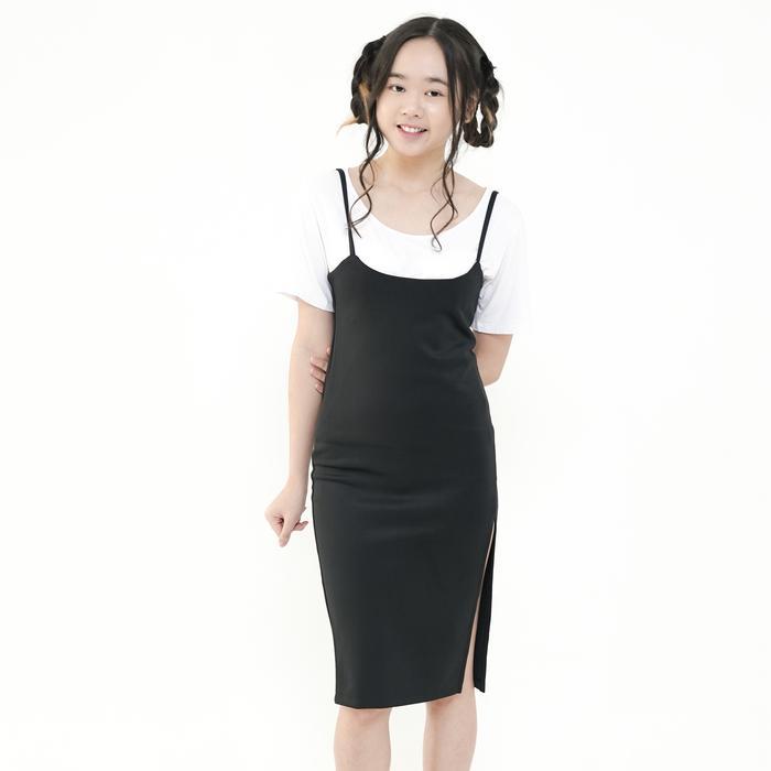 Big Size One Set U Neck Crop Tee Top + Bodycon Midi Dress with Side Split 1330 (S/M/XL/XXL) - Black 
