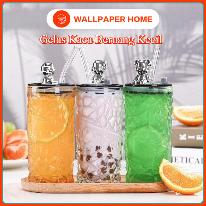 Tumbler Gelas Kaca 500ml | Tumbler Kaca Aesthetic Botol Mug Kopi | Tumbler Gelas Kaca Bear Lid