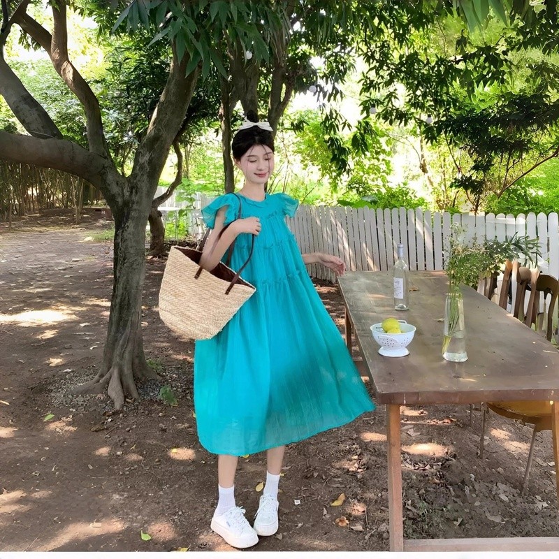 Seoul Cantik COD Dress Wanita Biru Langit Long Dress Ruffle Midi Maxi French Beach Liburan Summer