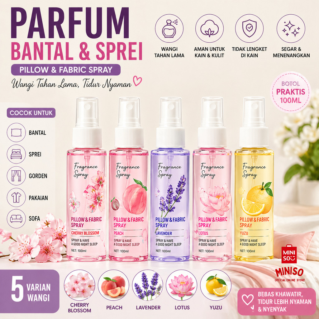 Official BALI MINISO Parfum Bantal dan Sprei Pillow & Fabric Spray Lavender Pewangi Kain Lotus Parfu