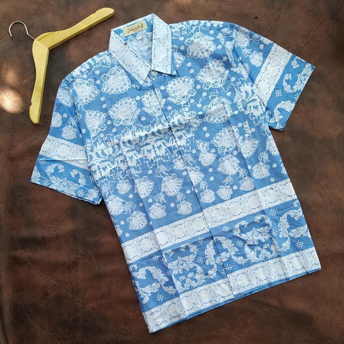 Murah MeriahBatik Pria Warna Soft - Kemeja Batik Pria Lengan Pendek Abu Biru Muda - Biru Muda, MP