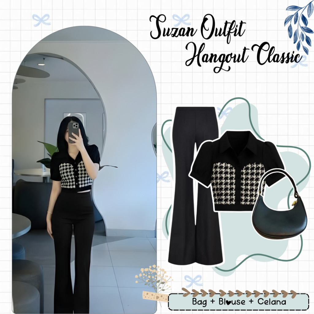 Set 3-in-1 Blus, Celana, dan Tas Gaya Korea untuk Remaja Wanita