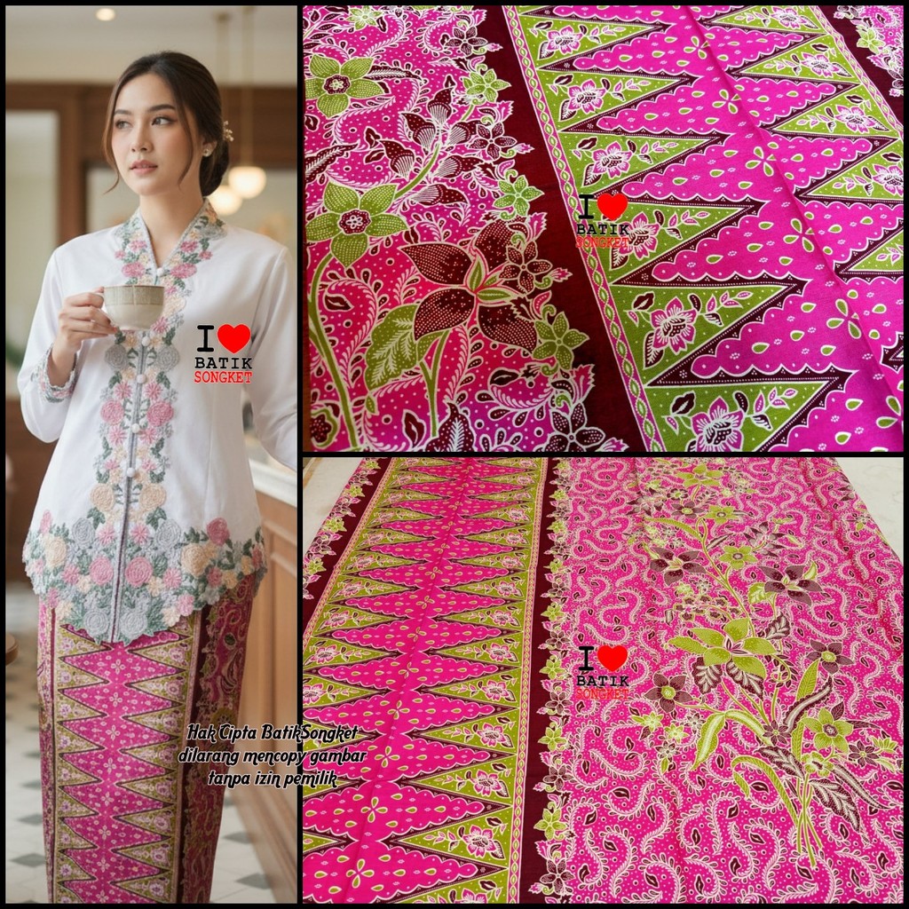 SARUNG ENCIM MOTIF 7 ROK BETAWI TUMPAL PUCUK REBUNG KAIN BATIK BUNGA JAKARTA KEBAYA HIJAU PINK MARUN