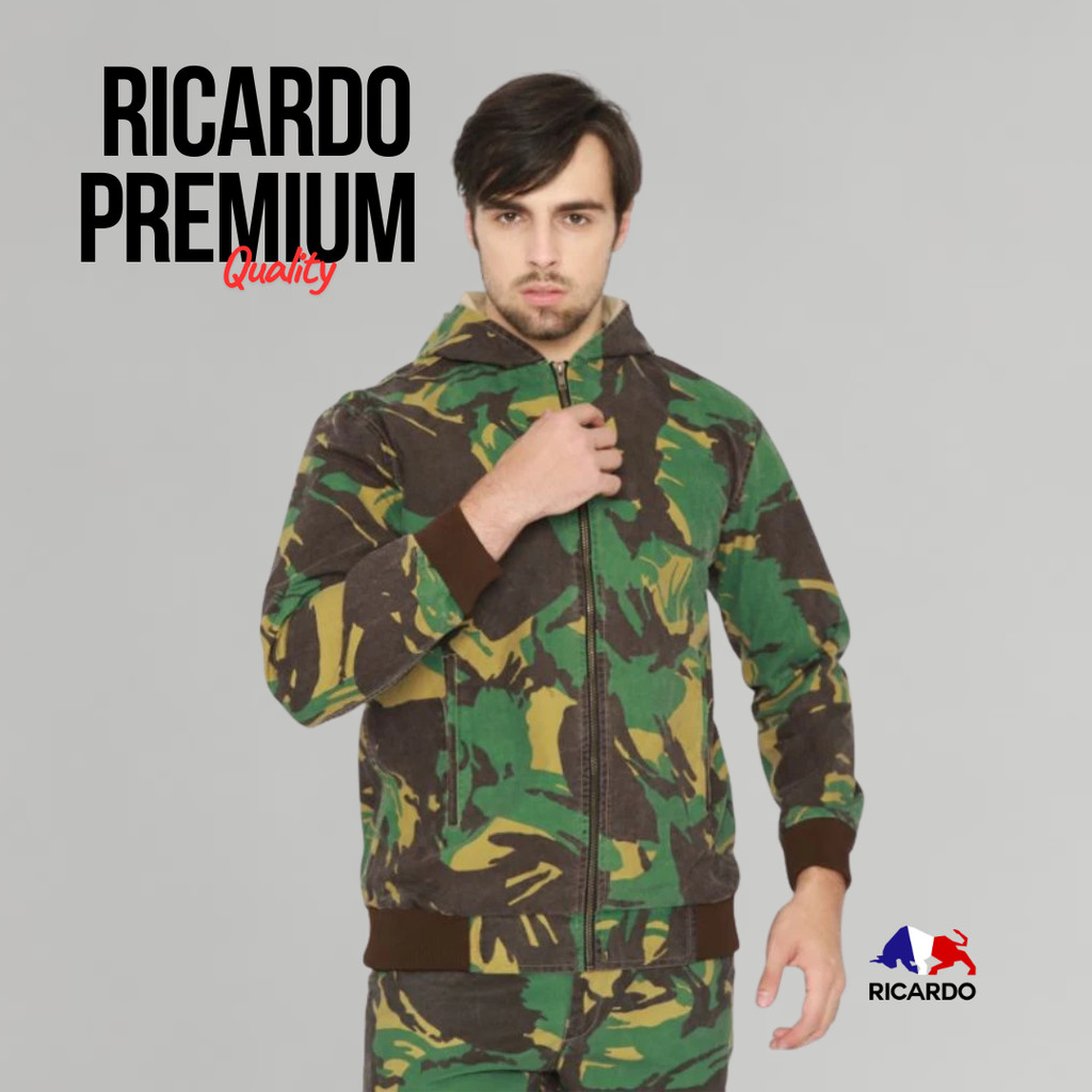 RICARDO Jaket Hoodie Outer Pria Army Doreng Loreng