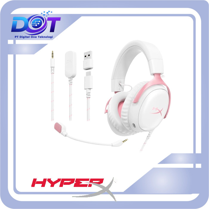 HYPER X CLOUD III WHITE PINK Headset Gaming Hyper X Cloud 3 Wired Kabel TypeC Usb Jack 3.5 With Mic